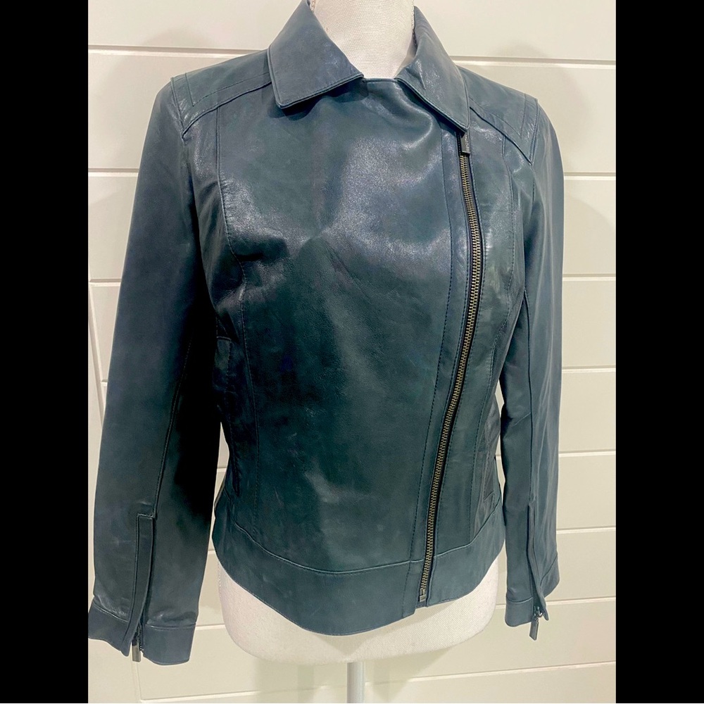 Bernardo Dark Blue Leather Jacket Petite Medium